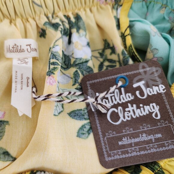 Matilda Jane Size XS Yellow Floral Ruffle Off the Shoulder Dress w/ Pockets NWT - Picture 6 of 7